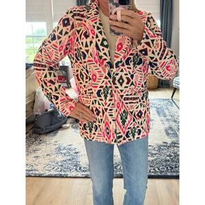 Savanna Jane Woven Ikat-Print Blazer Jacket in Cream & Pink Medium